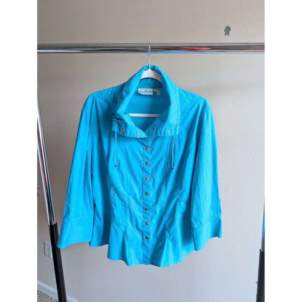 Patchington Turquoise Blue Snap Front Funnel Neck Jacket 3/4 Sleeve‎ Womens XL